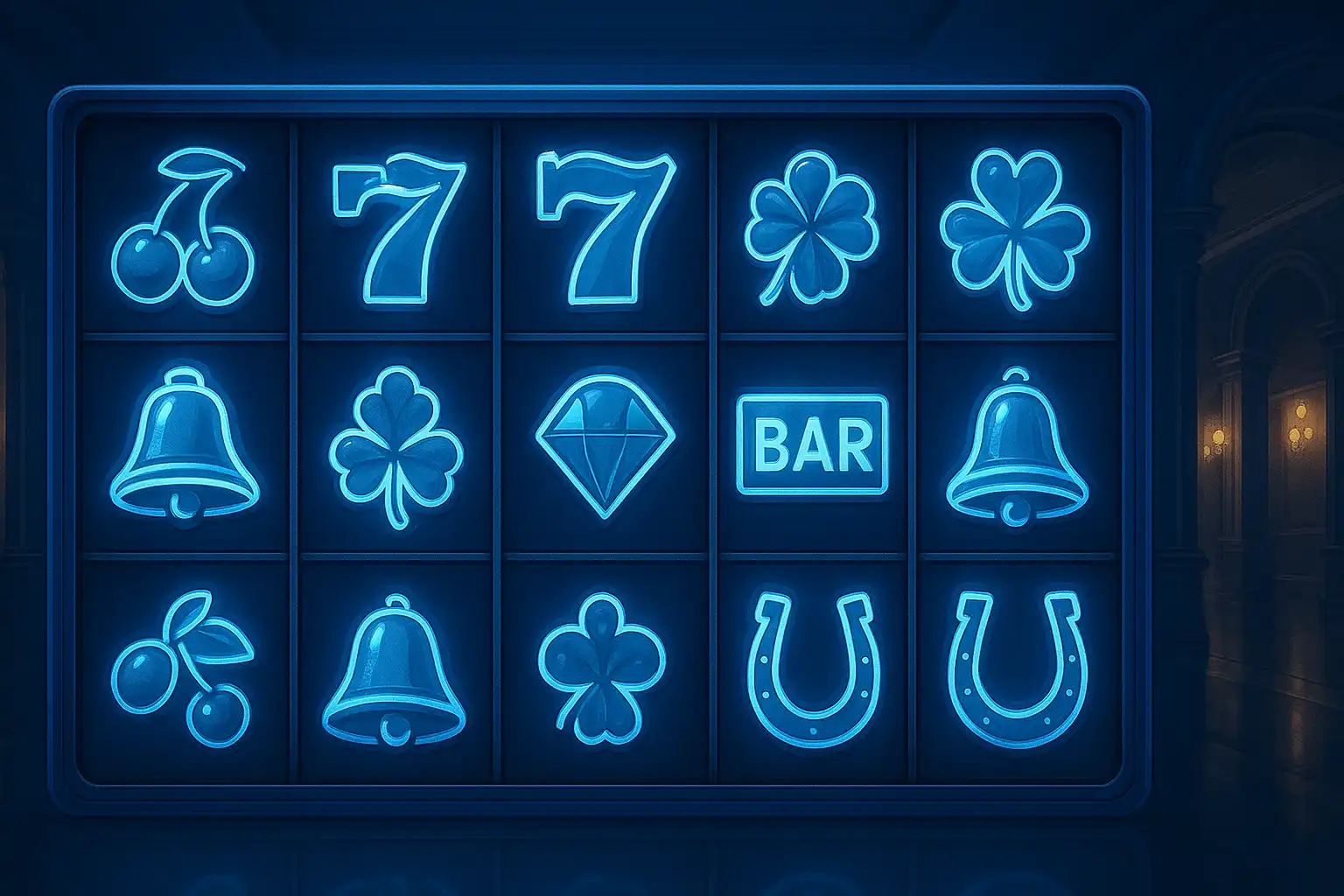 Grid of colourful slot machine reels on a navy and sapphire background